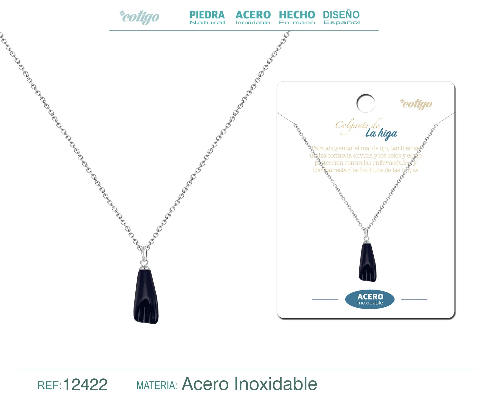 COLLAR ACERO INO.CON COLGANTE MANO HIGA NEGRO