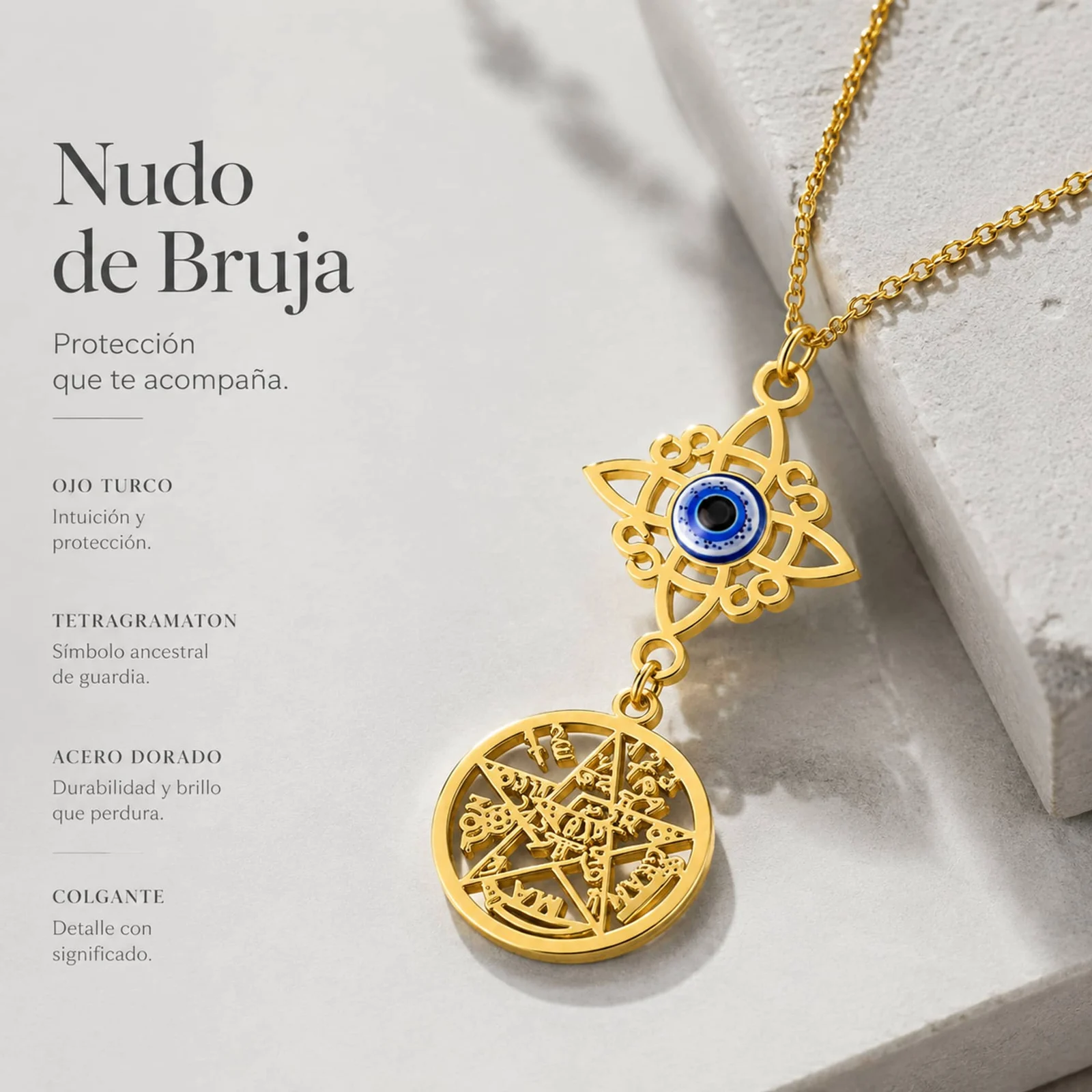 COLGANTE TETRAGRÁMATON CON NUDO DE BRUJA ACERO COLOR DORADO