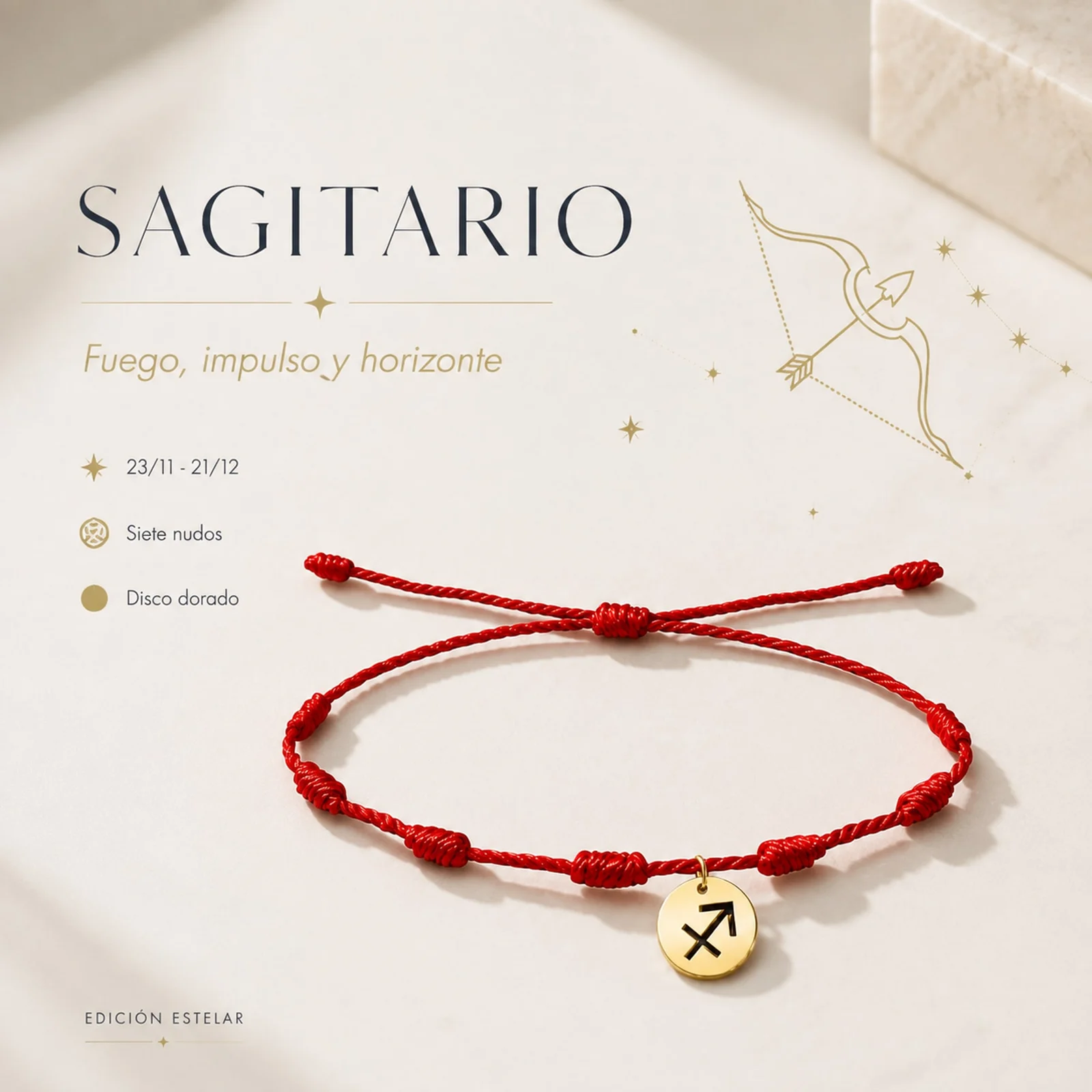 PULSERA 7 NUDOS CON SAGITARIO ACERO. COLOR DORADO