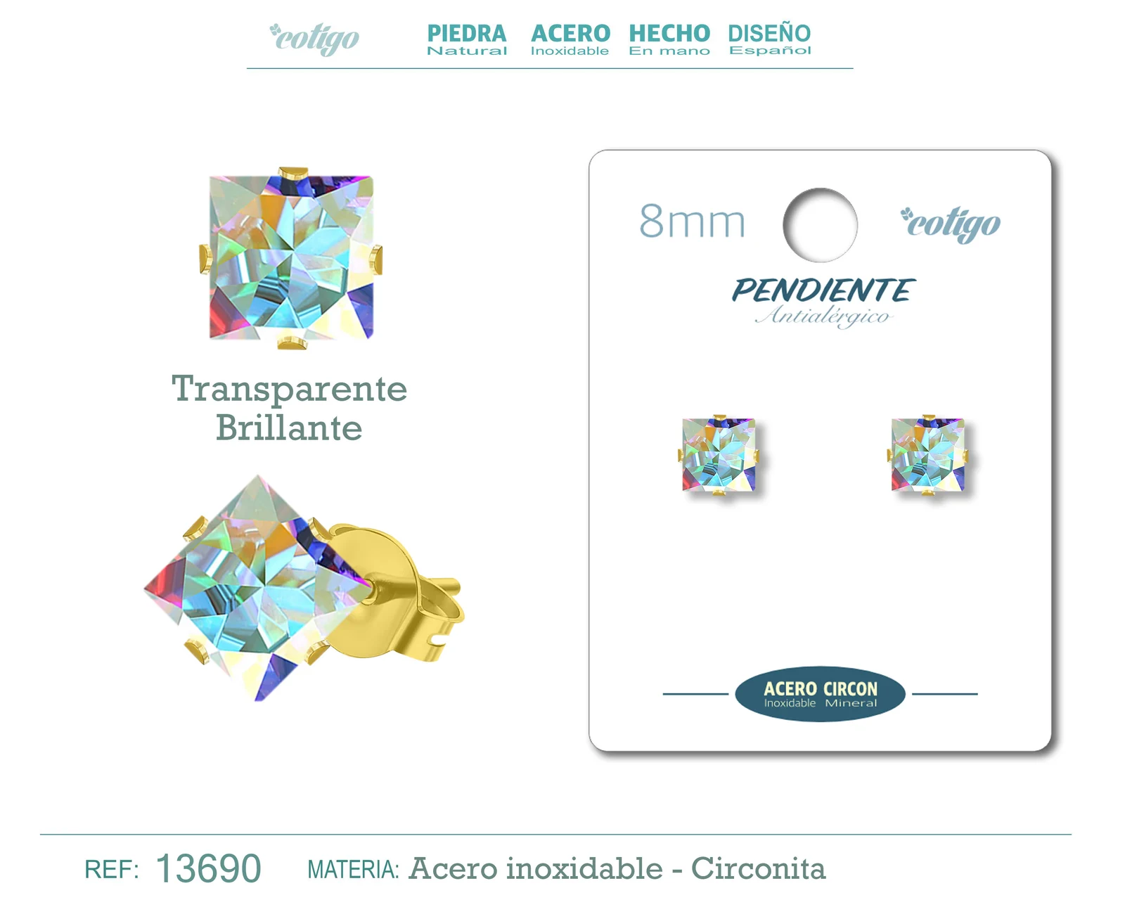 PENDIENTE CIRCONITA CUADRADO-TRANSPARENTE BRILLANTE-8MM-BASE ACERO DORADO