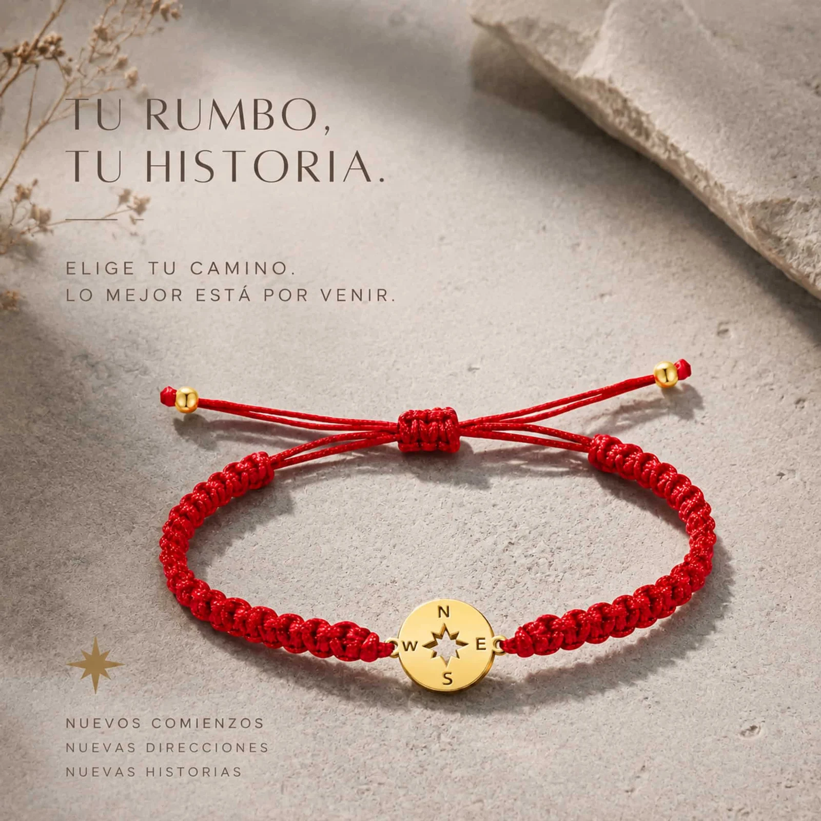 PULSERA HILO DESTINO  CON BRÚJULA ACERO DORADO