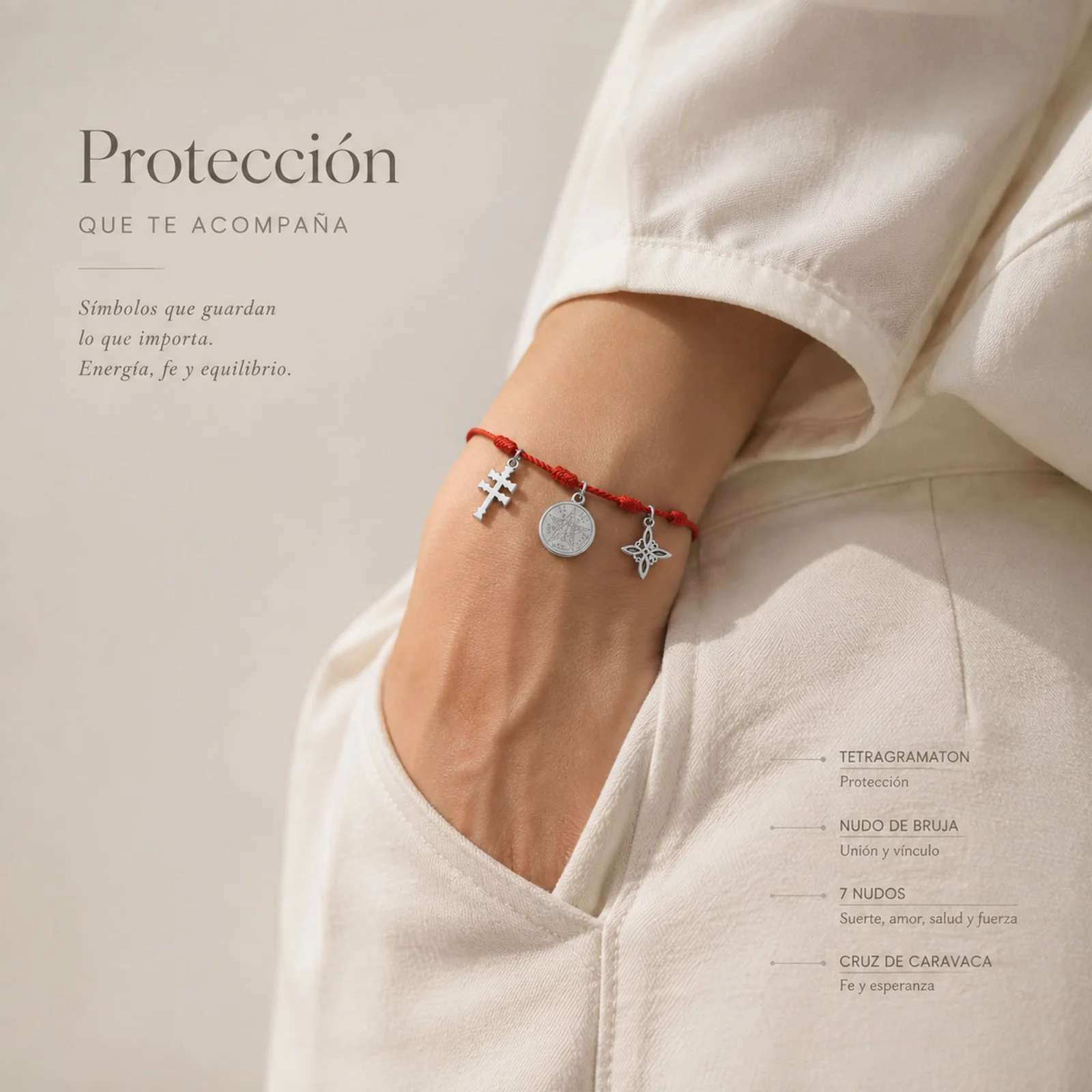 PULSERA 7 NUDOS CON TETRAGRÁMATON  NUDO DE BRUJA Y CRUZ CARAVACA ACERO PLATEADO