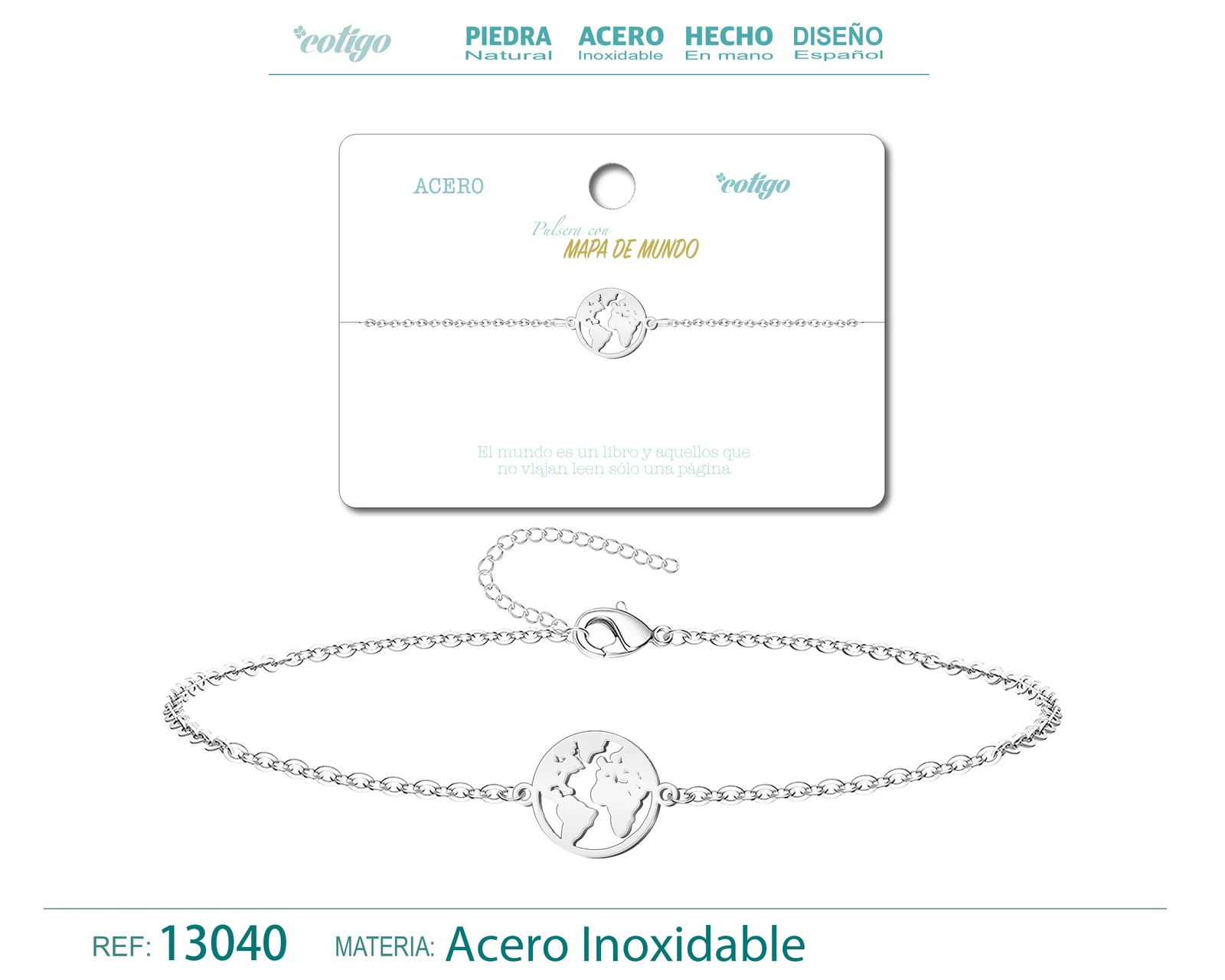 PULSERA MAPA DE MUNDO  ACERO PLATEADO