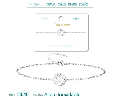 PULSERA MAPA DE MUNDO  ACERO PLATEADO