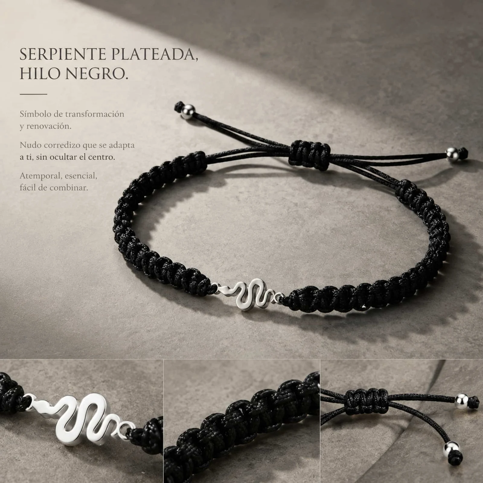 PULSERA HILO DESTINO  CON SERPIENTE ACERO PLATEADO