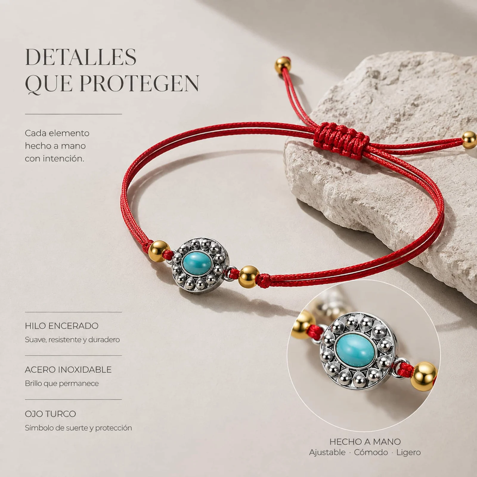 Pulsera Hilo encerado Rojo CON OJO TURCO Plateado