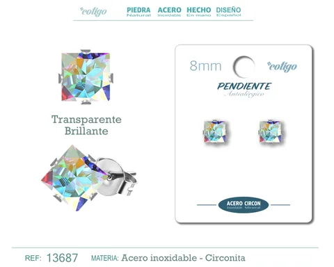 PENDIENTE CIRCONITA CUADRADO-TRANSPARENTE BRILLANTE-8MM-BASE ACERO PLATEADO