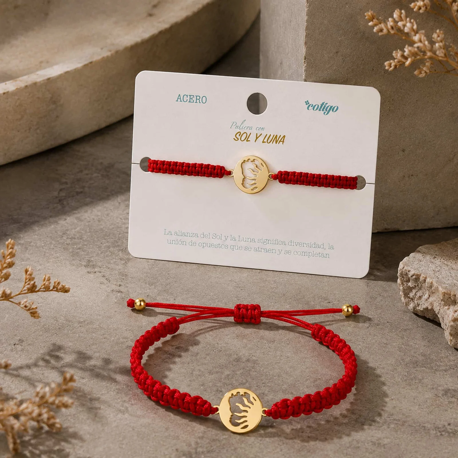 PULSERA HILO DESTINO  CON SOL Y LUNA ACERO DORADO