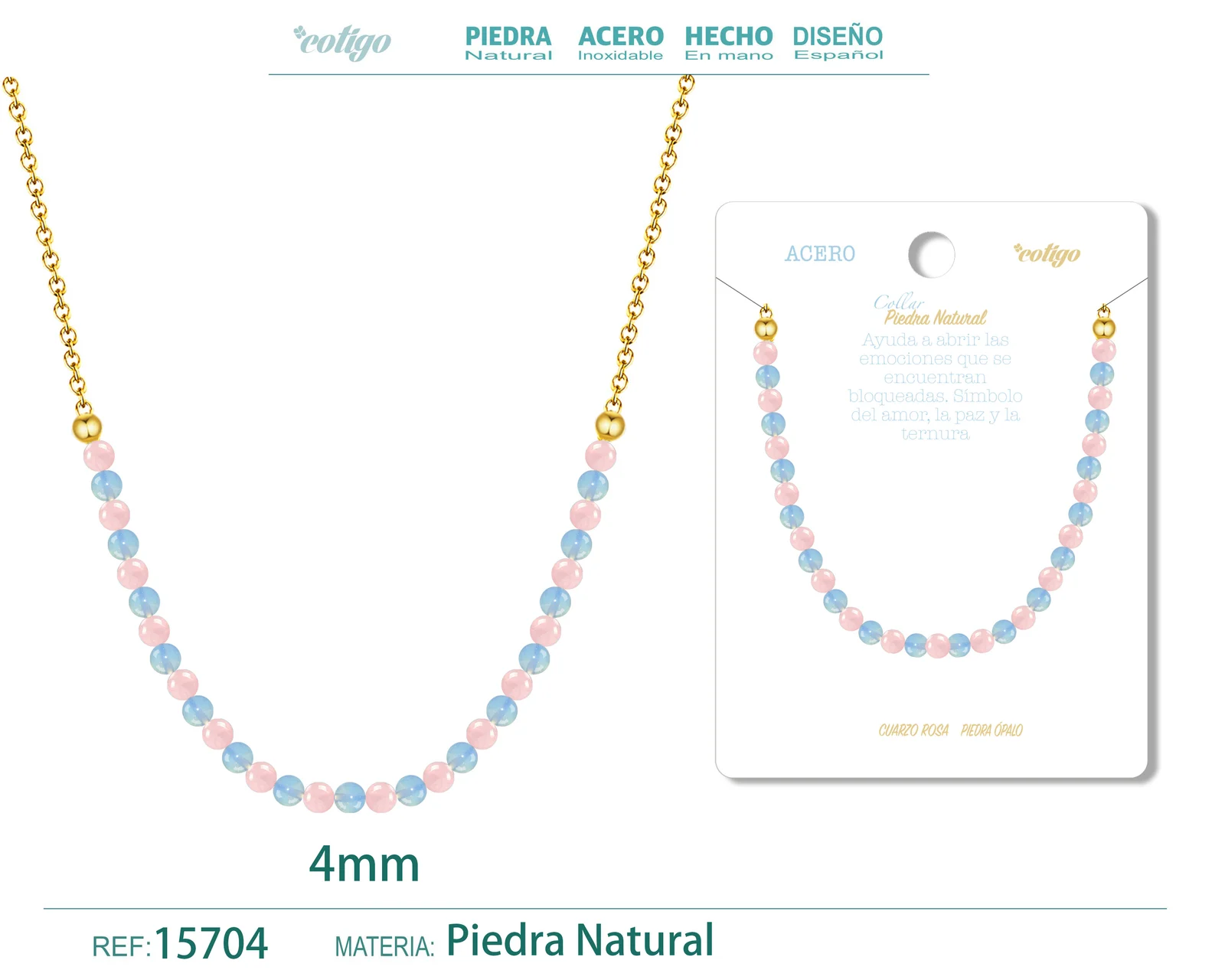 COLLAR CUARZO ROSA，OPALINA 4MM