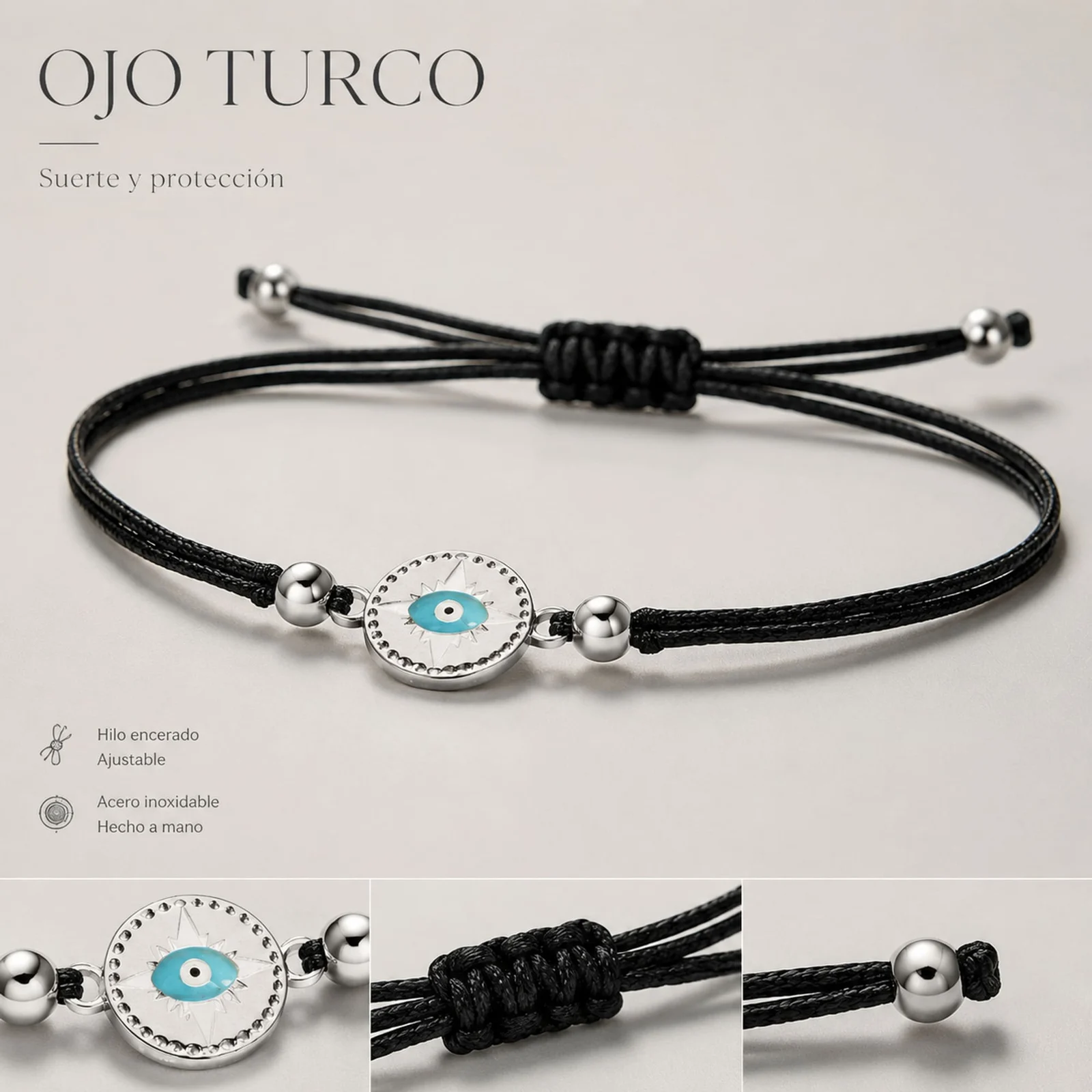 Pulsera Hilo encerado Negro CON OJO TURCO Plateado