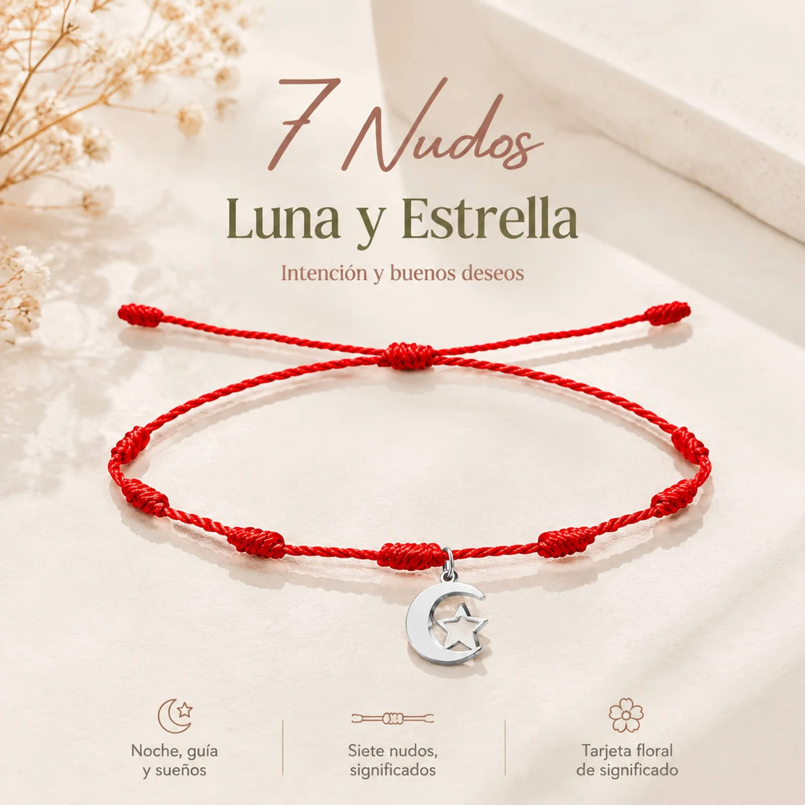 PULSERA 7 NUDOS CON LUNA Y ESTRELLA COLOR PLATEADO