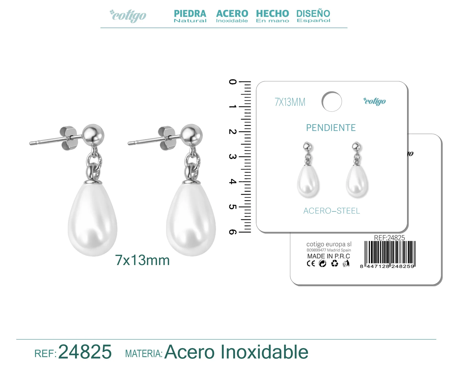 PENDIENTE DE PERLA GOTITA 7X13MM CON ACCESORIO ACERO