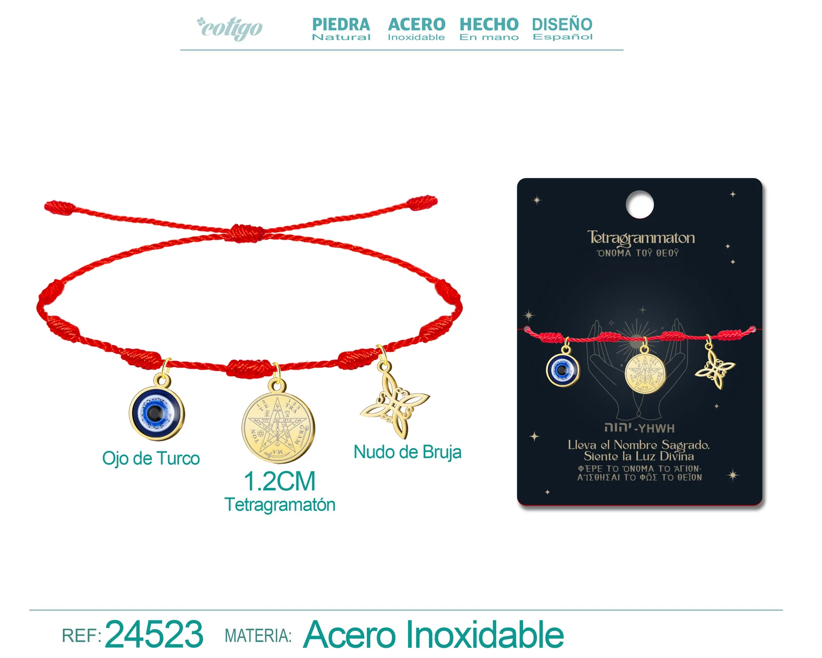 PULSERA 7 NUDOS CON TETRAGRAMMATON  NUDO DE BRUJA Y OJO TURCO ACERO DORADO