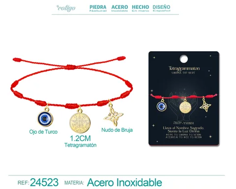 PULSERA 7 NUDOS CON TETRAGRAMMATON  NUDO DE BRUJA Y OJO TURCO ACERO DORADO