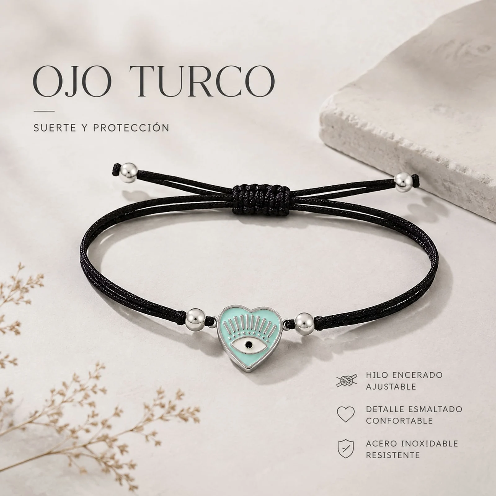 Pulsera Hilo encerado Negro CON OJO TURCO Plateado