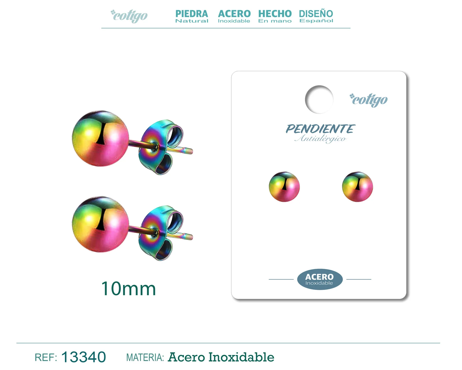 PENDIENTE BOLA 10MM ACERO MULTICOLOR