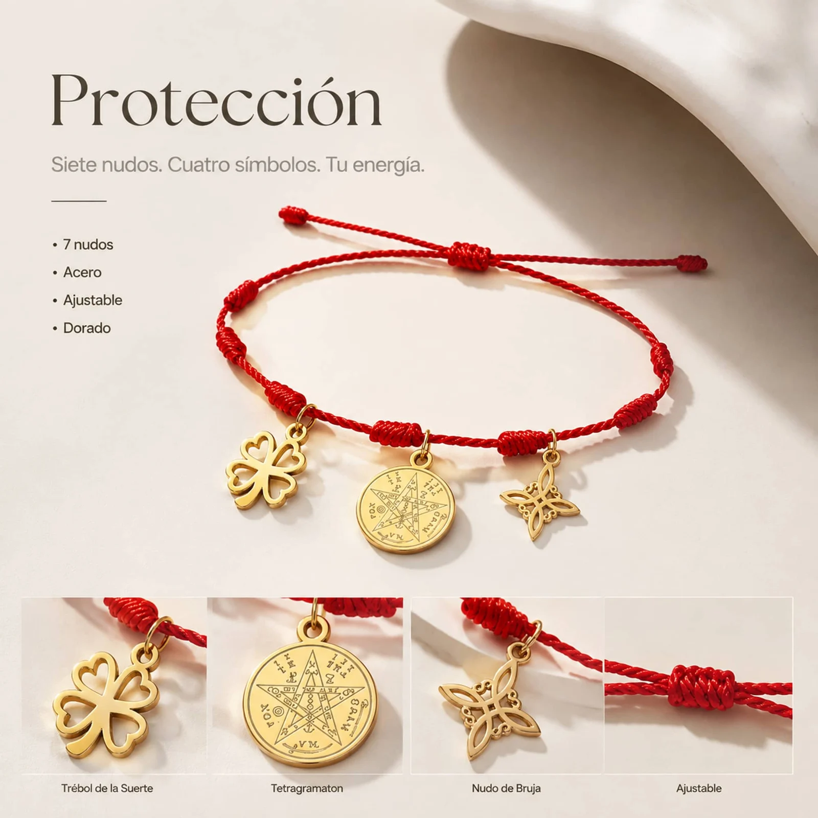 PULSERA 7 NUDOS CON TETRAGRÁMATON  NUDO DE BRUJA Y TRÉBOL DE LA SUERTE ACERO DORADO
