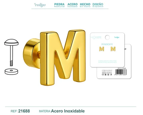 PENDIENTE ACERO  LETRA M COLOR DORADO CON CIERRE ROSCA