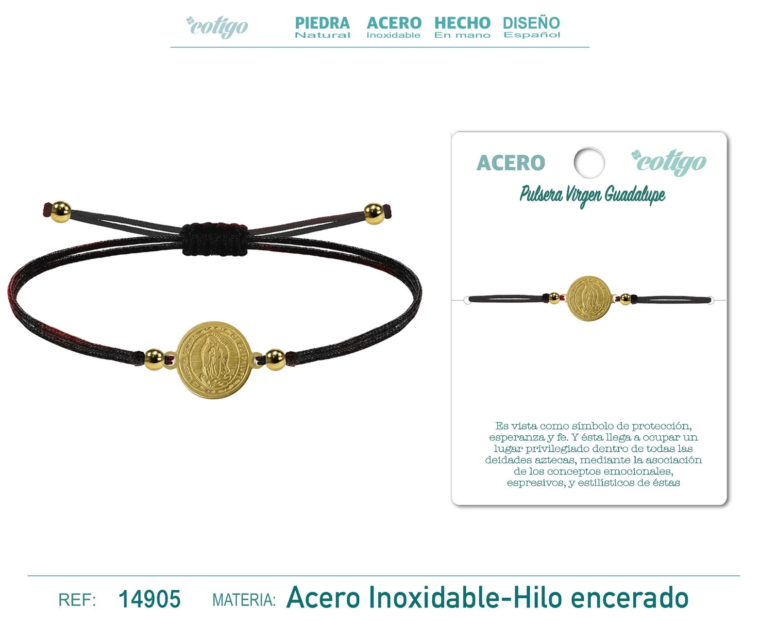 PULSERA HILO ENCERADO NEGRO-VIRGEN GUADALUPE DORADO