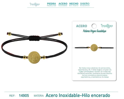 PULSERA HILO ENCERADO NEGRO-VIRGEN GUADALUPE DORADO