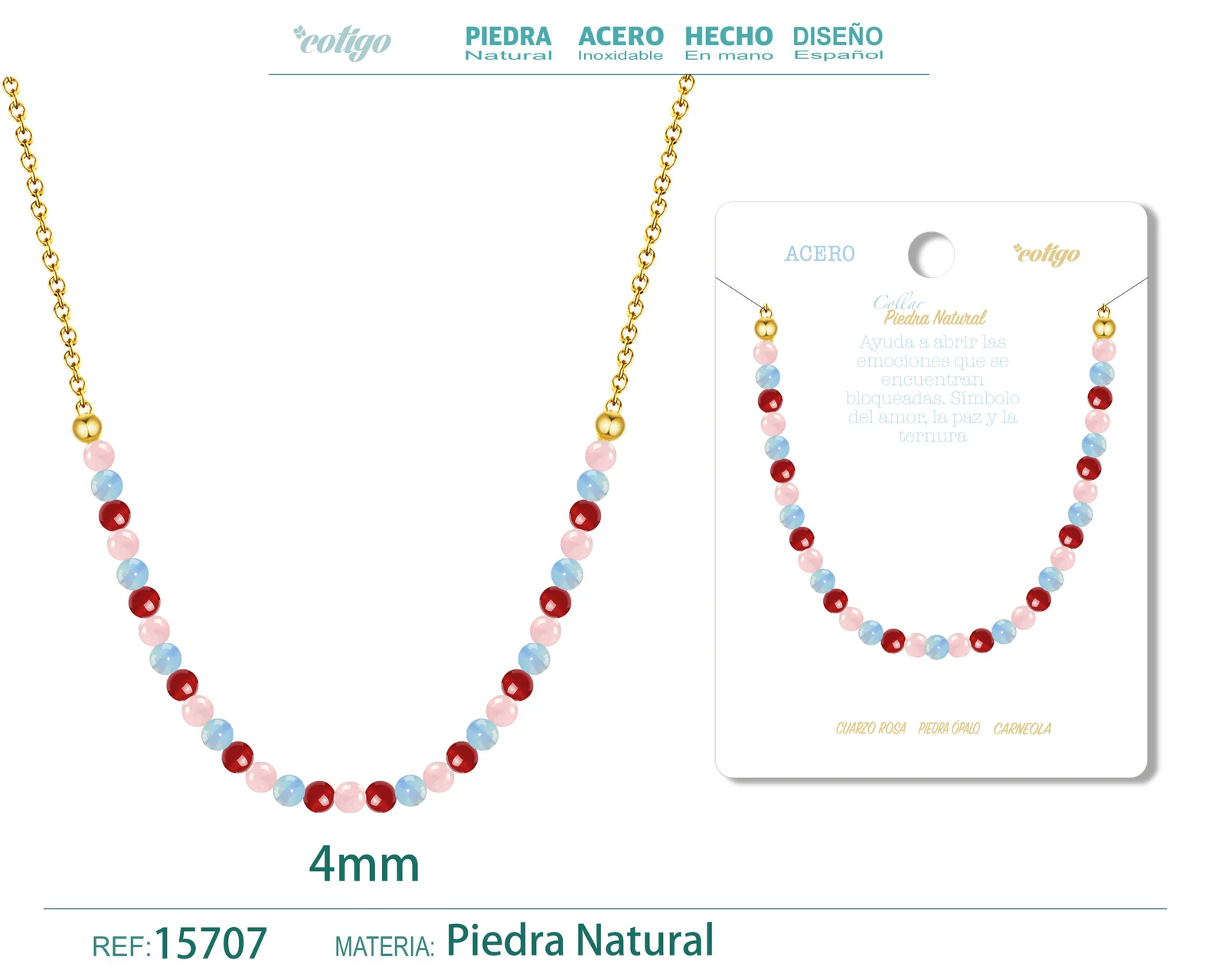 COLLAR CARNEOLA，OPALINA，CUARZO ROSA 4MM