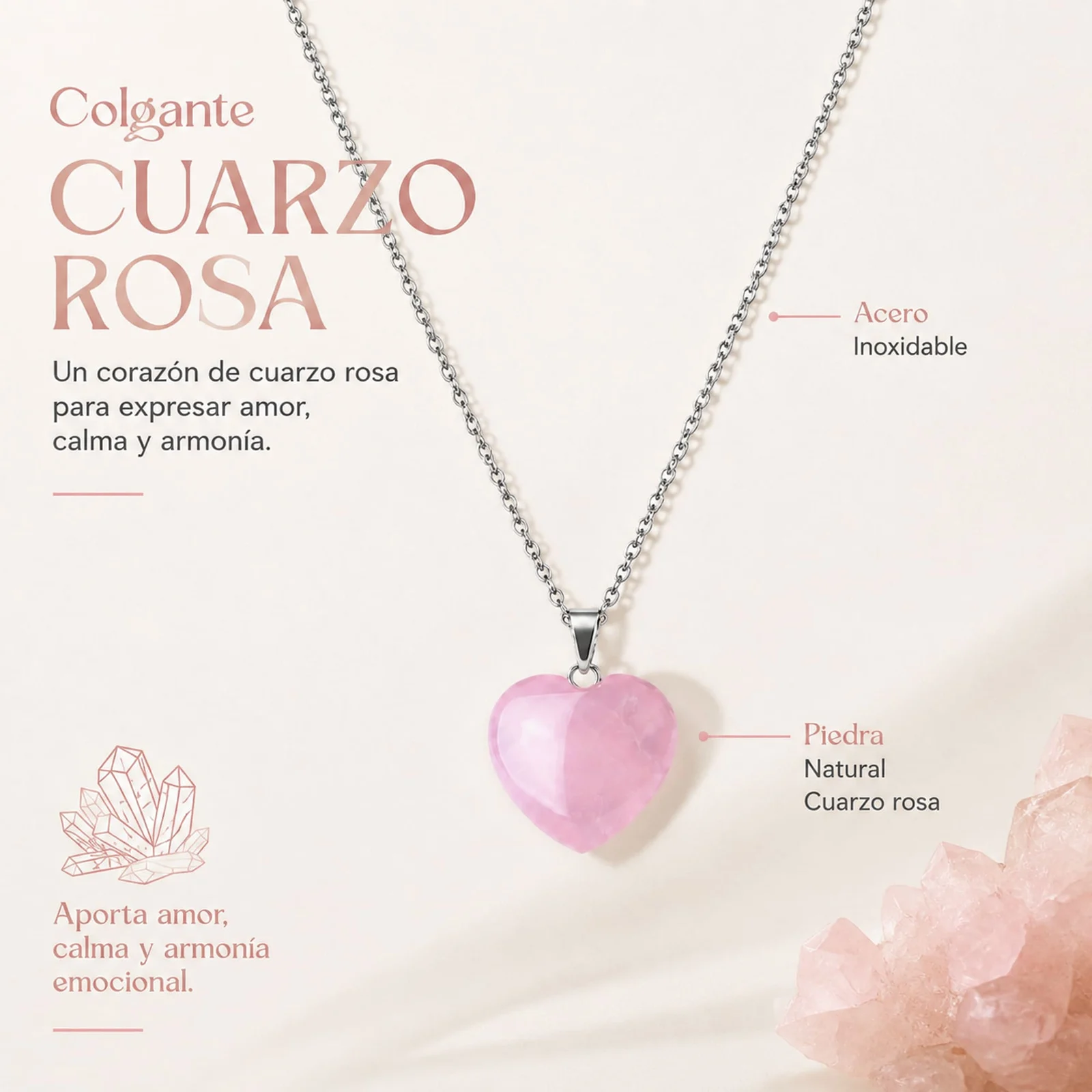 Colgante Piedra Cuarzo rosa con cadena Acero Inoxidable