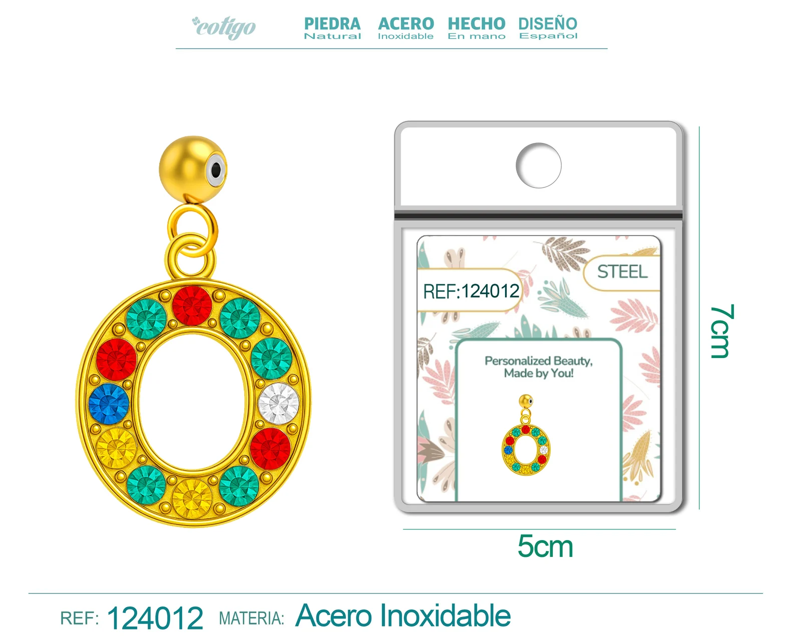 CHARM DE LETRA O ACERO COLOR DORADO CON CIRCONITA-CON BOLA DE GOMA