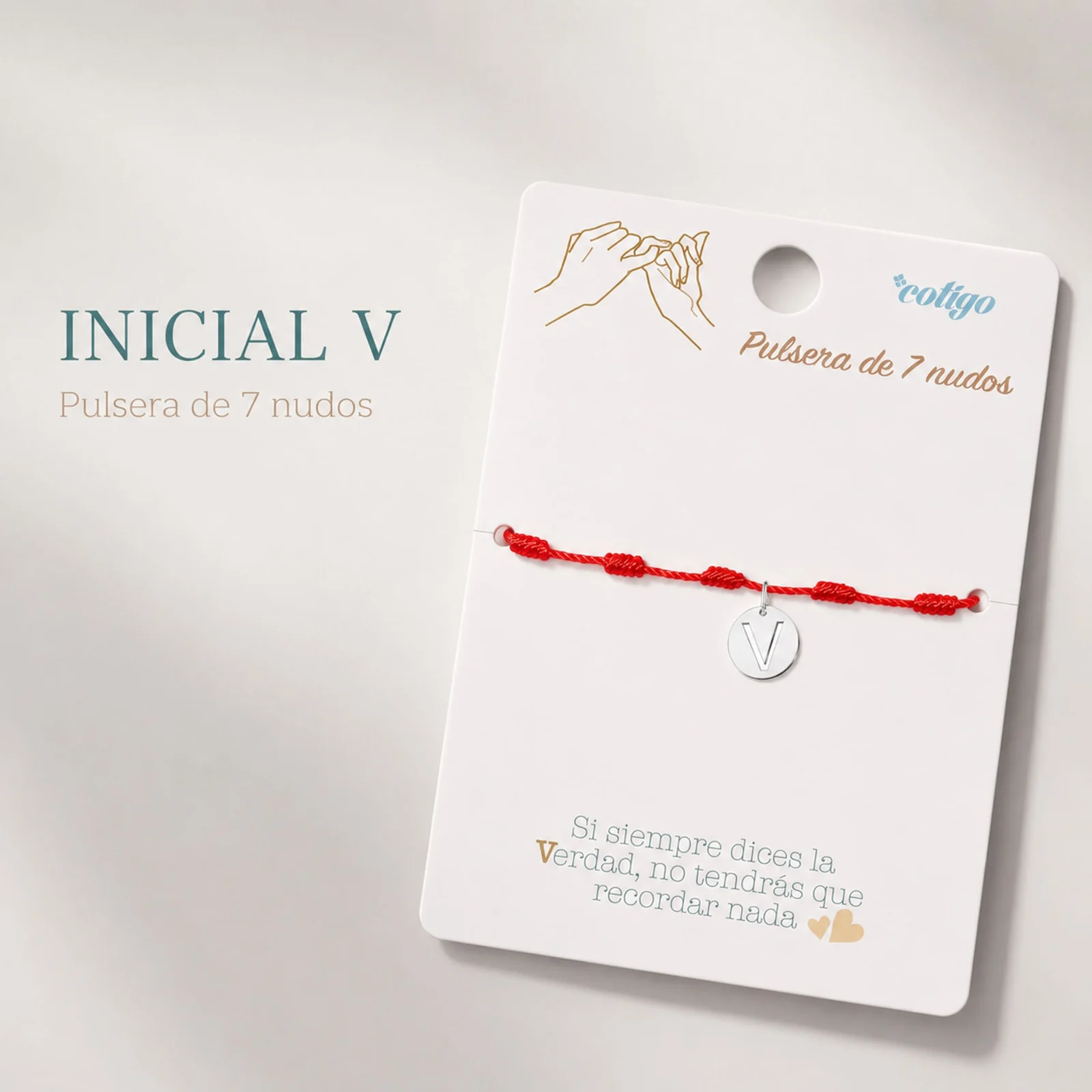 PULSERA 7 NUDOS CON LETRA V COLOR PLATEADO