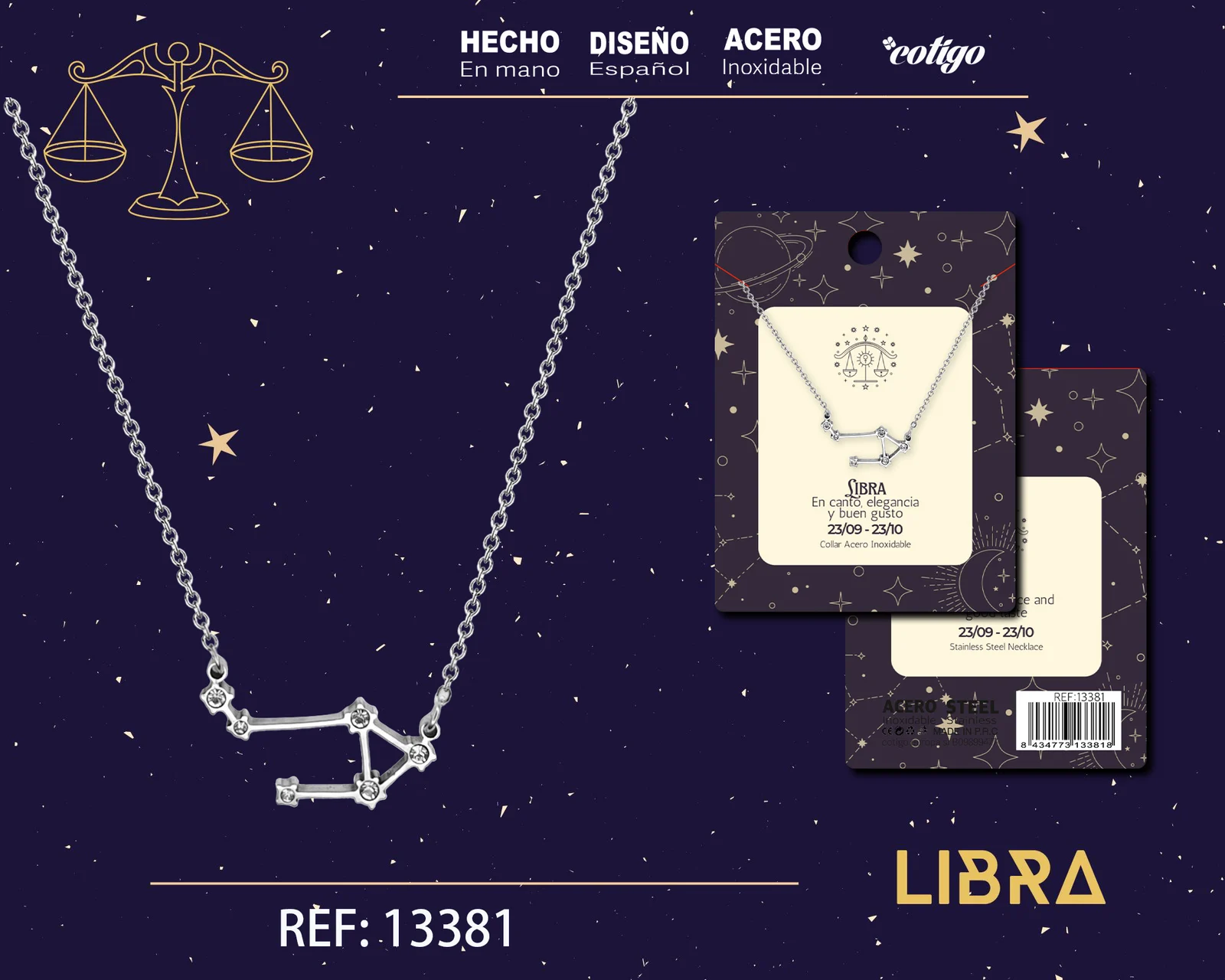 COLLAR MAPA ESTELAR DEL ZODIACO LIBRA PLATEADO CON STRAS