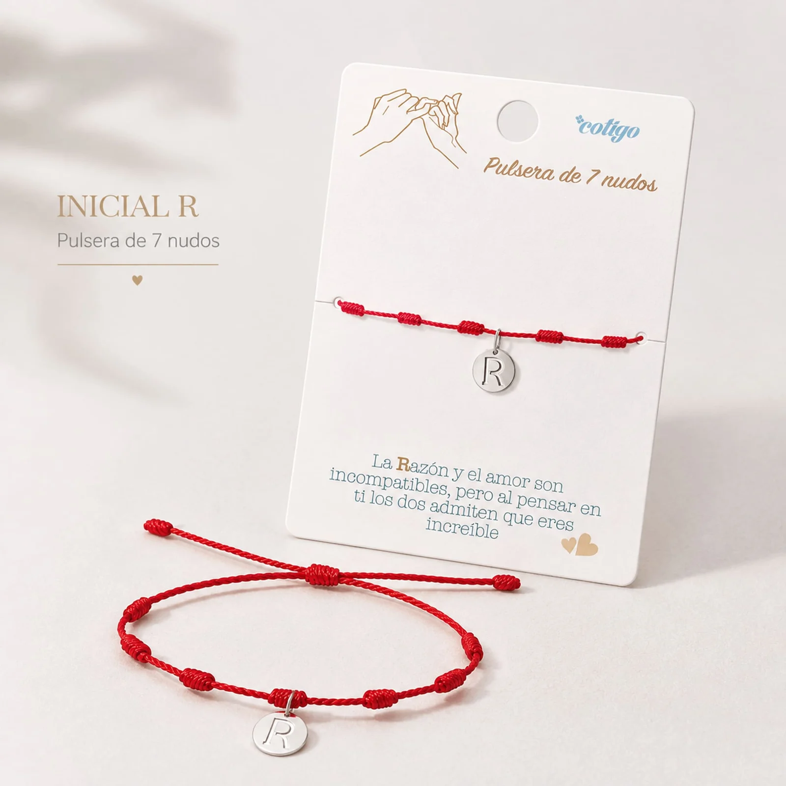 PULSERA 7 NUDOS CON LETRA R COLOR PLATEADO