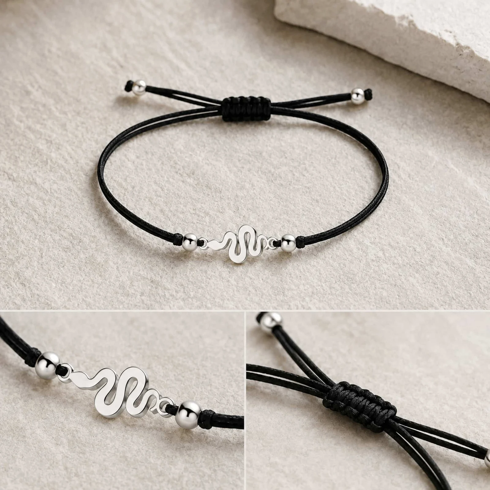 PULSERA SERPIENTE PLATEADO DE HILO EN.NEGRO