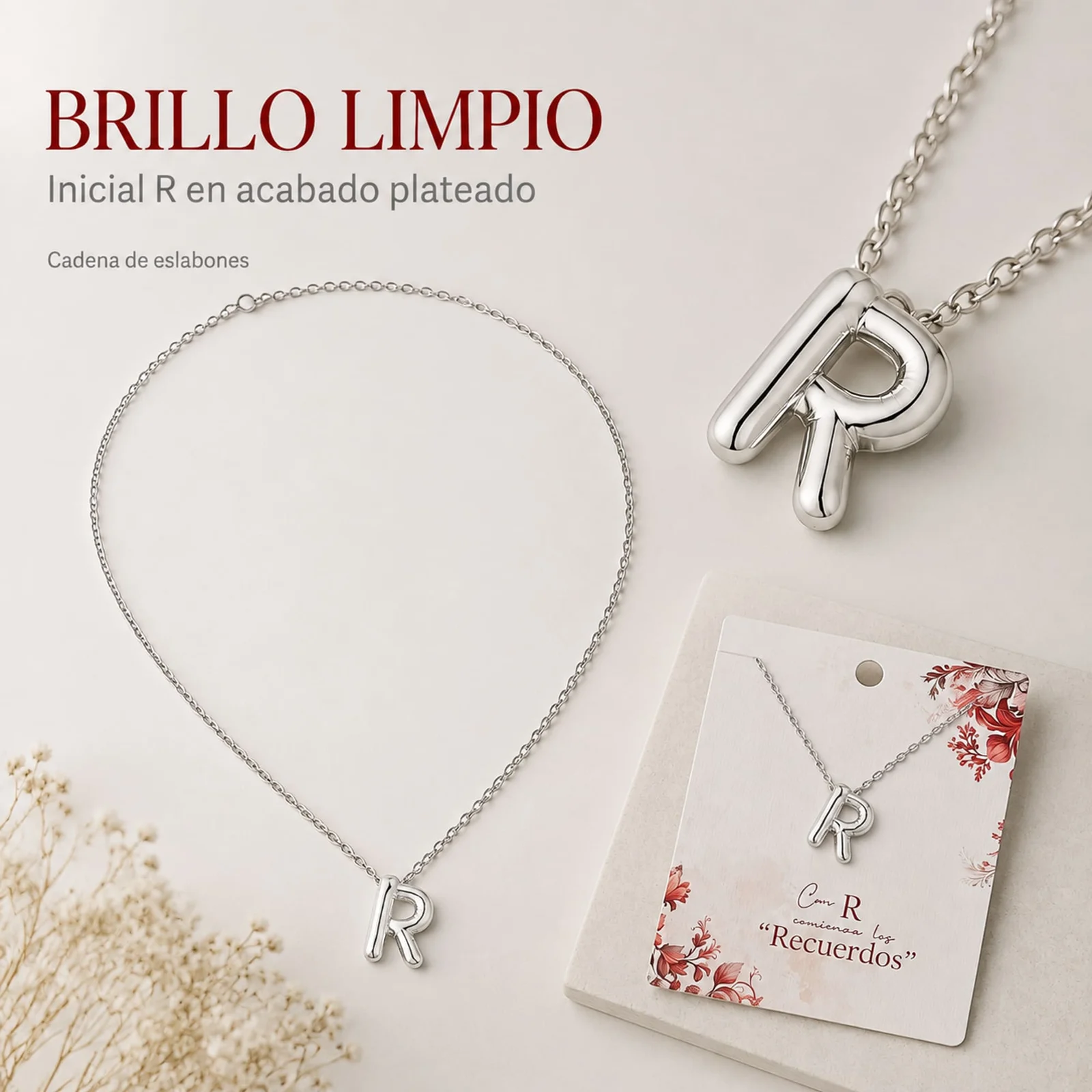 COLLAR INICIAL LETRA R ACERO CON SOBRE