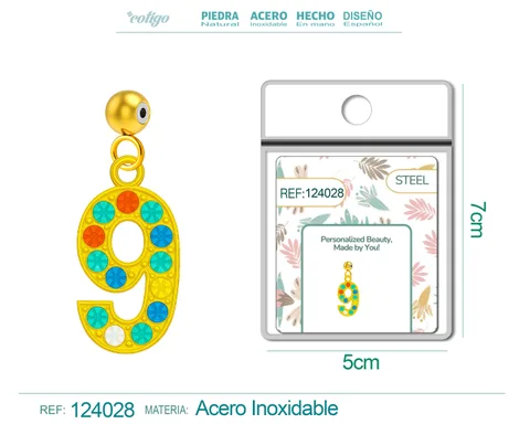 CHARM DE NÚMERO 9 ACERO COLOR DORADO CON CIRCONITA-CON BOLA DE GOMA