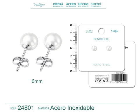PENDIENTE DE PERLA REDONDA 6MM CON ACCESORIO ACERO