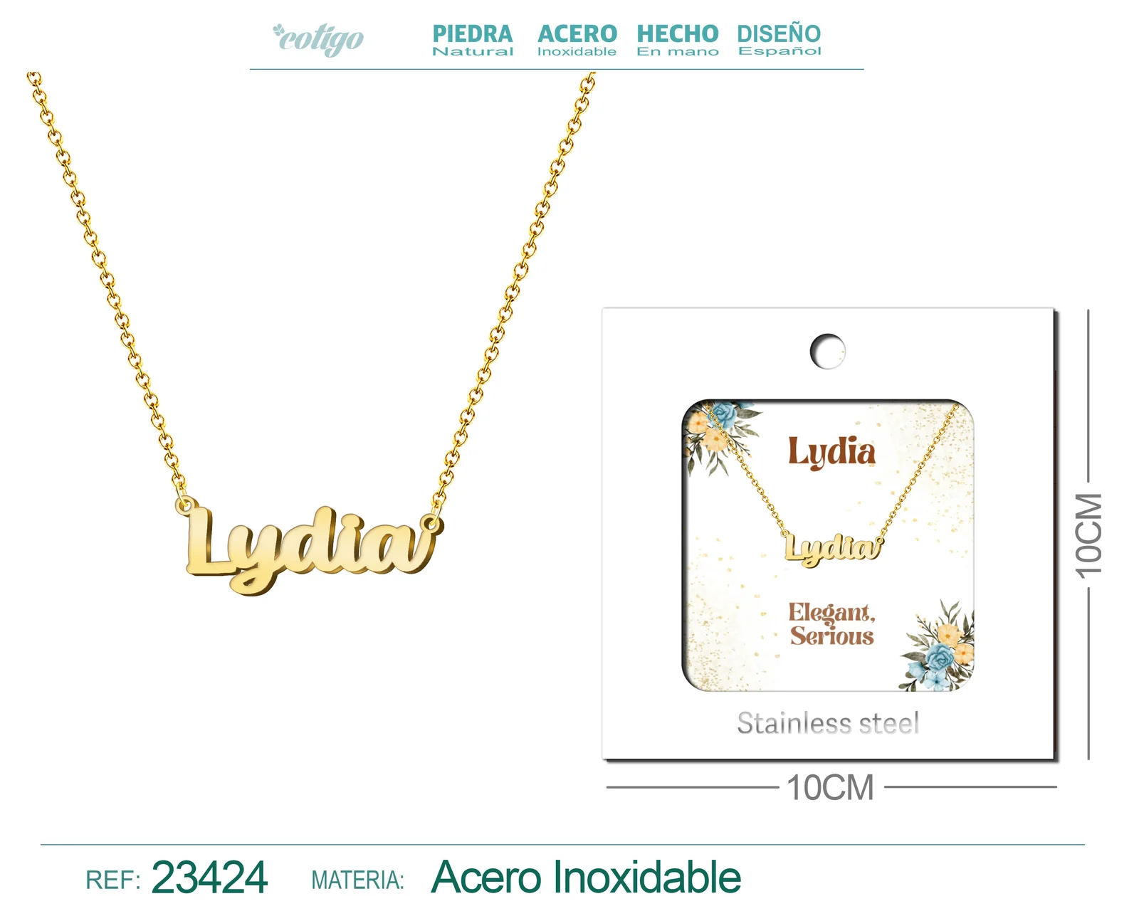 COLLAR NOMBRE INGLES LYDIA ACERO CON SOBRE