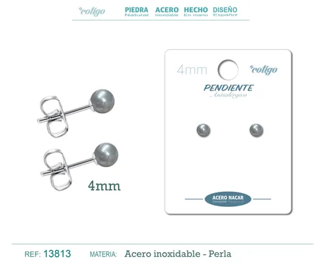 PENDIENTE ACERO+PERLA NÁCAR 4MM GRIS