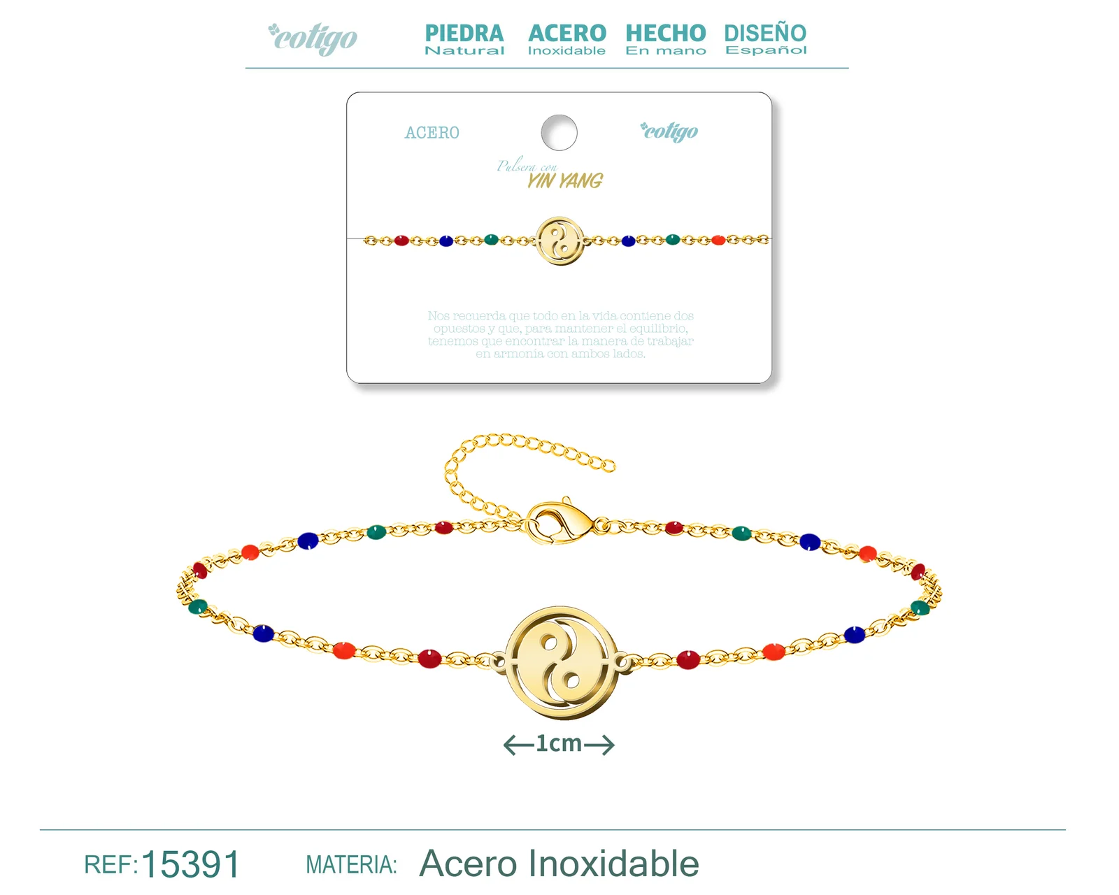 PULSERA ACERO MULTICOLOR CON YINYANG