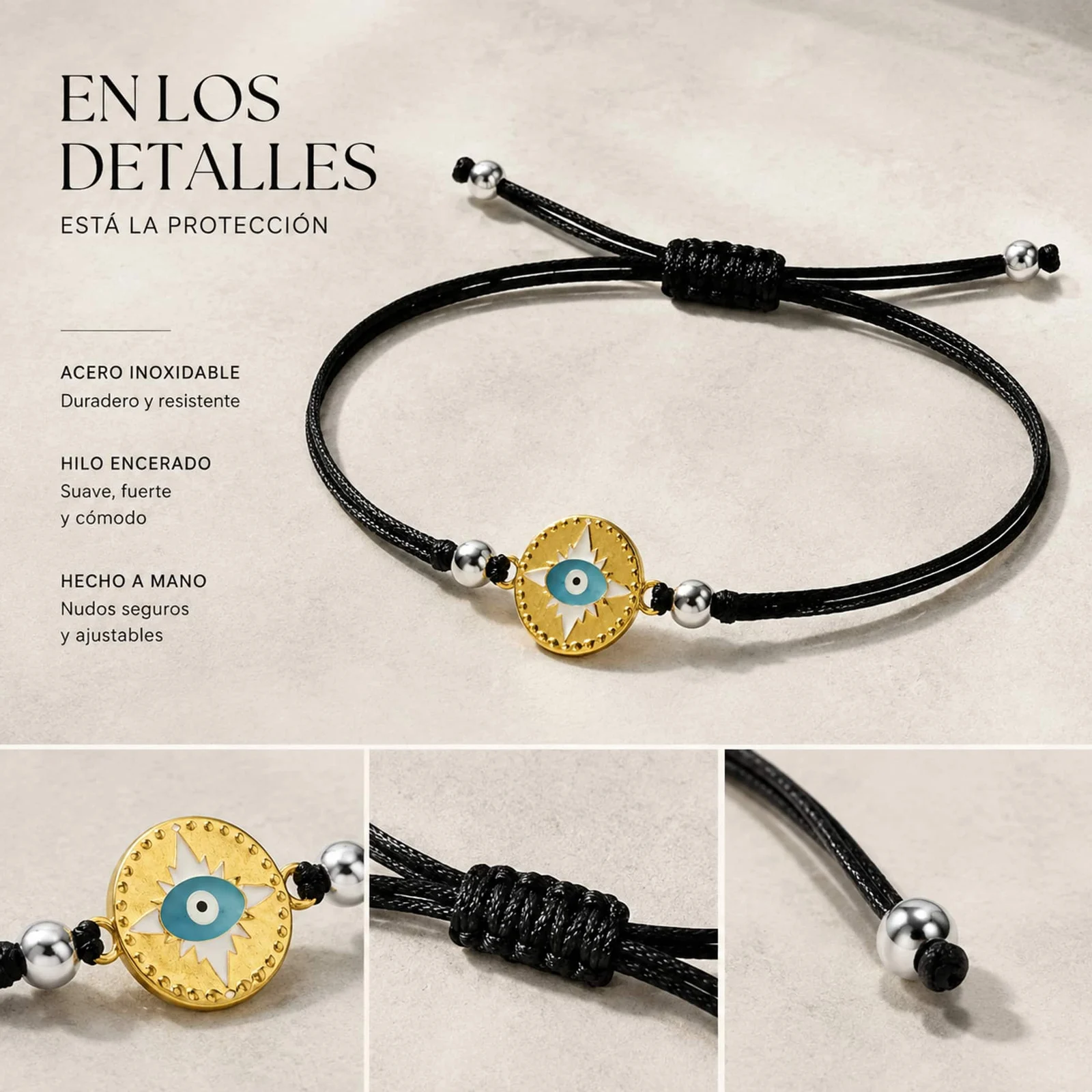 Pulsera Hilo encerado Negro CON OJO TURCO Dorado