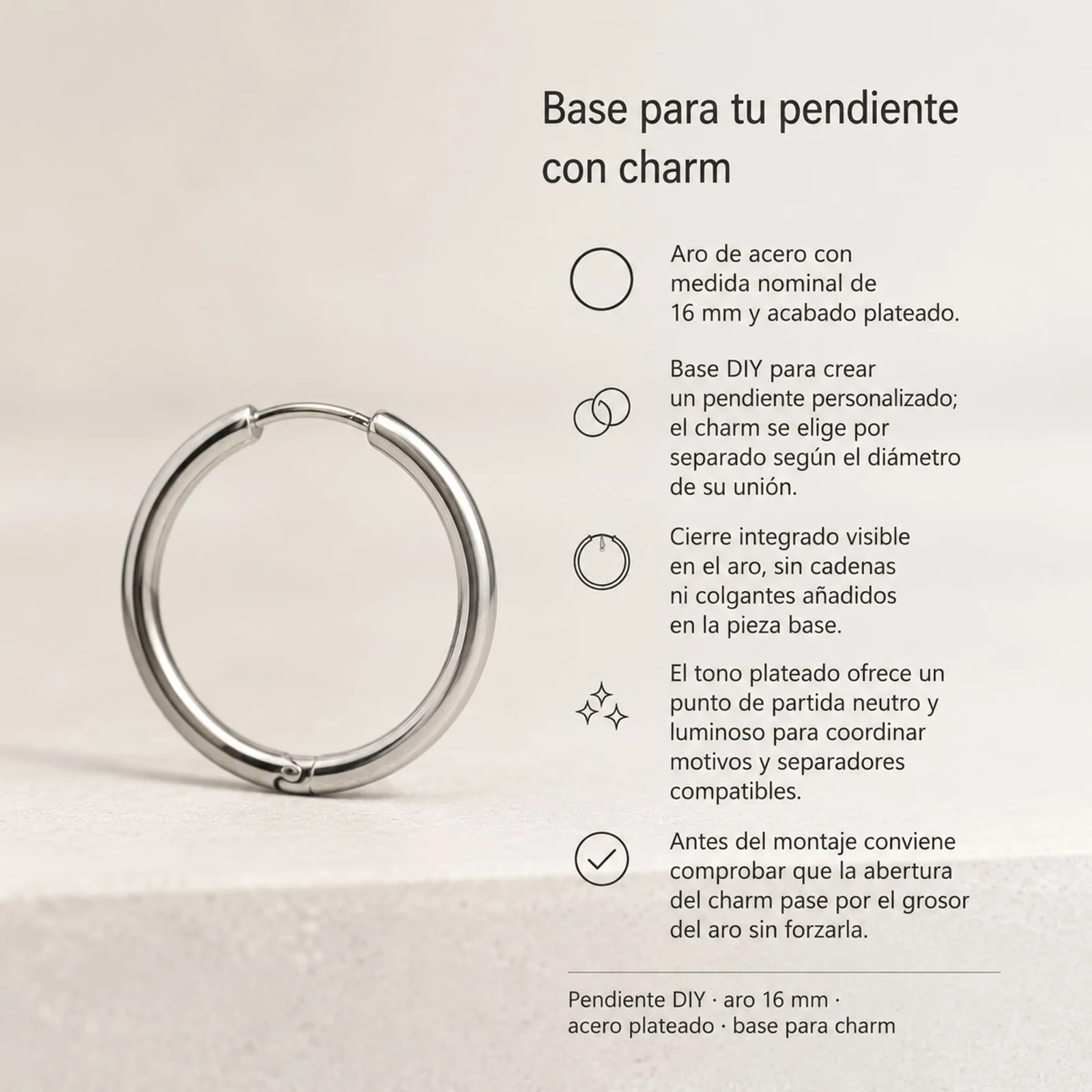 PENDIENTE DE ARO ACERO 16MM COLOR PLATEADO PARA CHARM