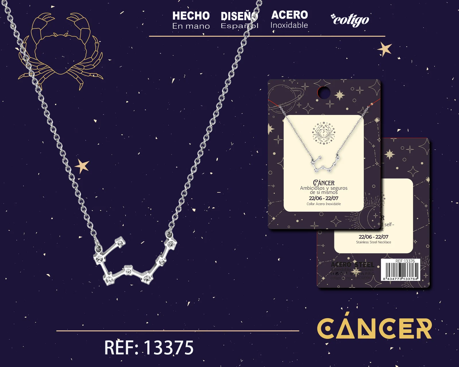 COLLAR MAPA ESTELAR DEL ZODIACO CANCER PLATEADO CON STRAS