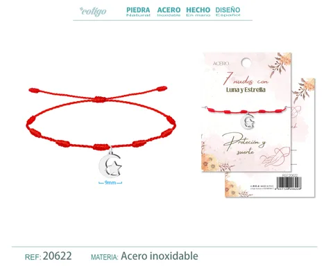 PULSERA 7 NUDOS CON LUNA Y ESTRELLA COLOR PLATEADO