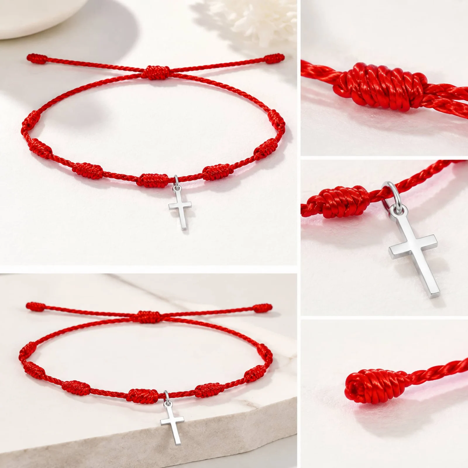 PULSERA 7 NUDOS CON CRUZ ACRO COLOR PLATEADO