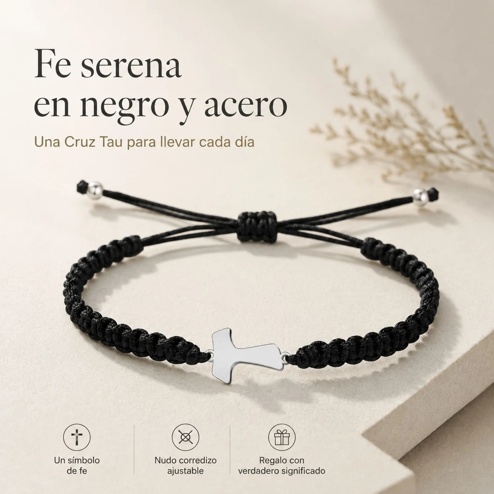 PULSERA HILO DESTINO  CON CRUZ TAU ACERO PLATEADO