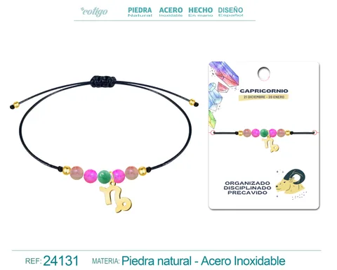 PULSERA PIEDRA NATURAL CON COLGANTE CAPRICORNIO ACERO DORADO