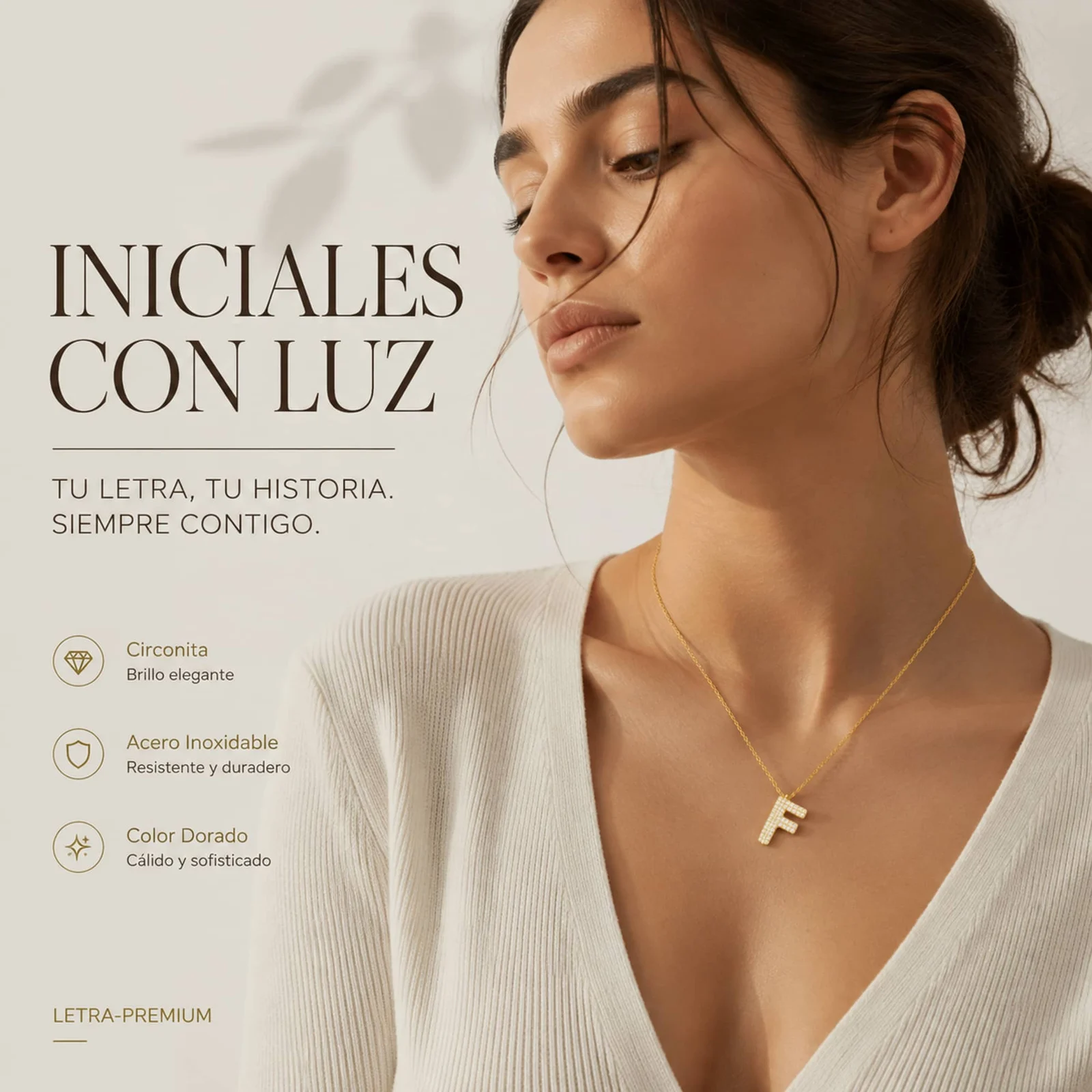 COLLAR LETRA F CON CIRCONITA  ACERO COLOR DORADO
