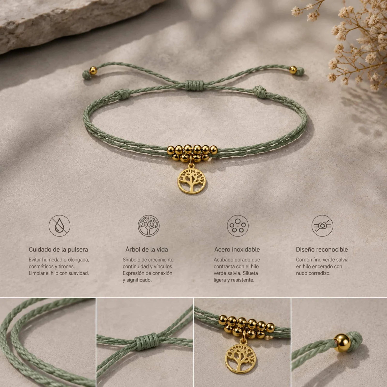 PULSERA HILO ENCERADO CON COLGANTE ÁRBOL DE VIDA ACERO DORADO
