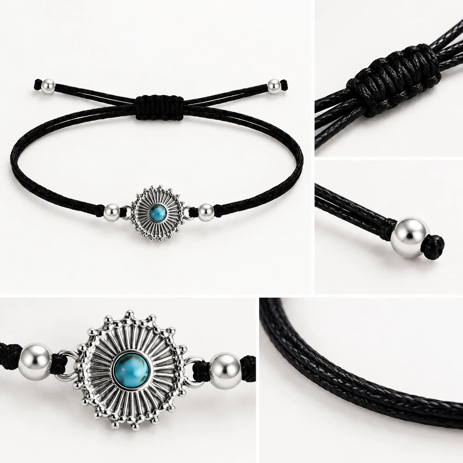 Pulsera Hilo encerado Negro CON OJO TURCO Plateado