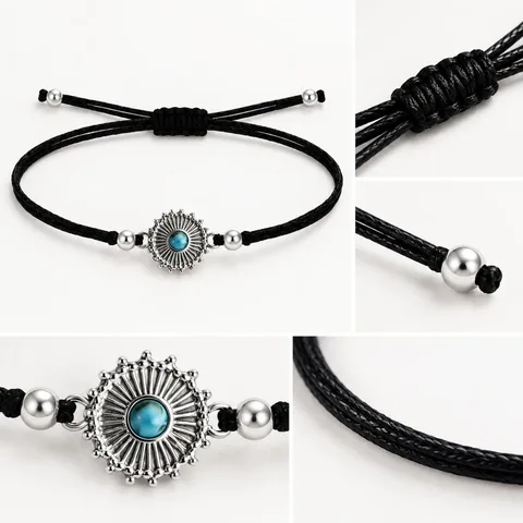 Pulsera Hilo encerado Negro CON OJO TURCO Plateado
