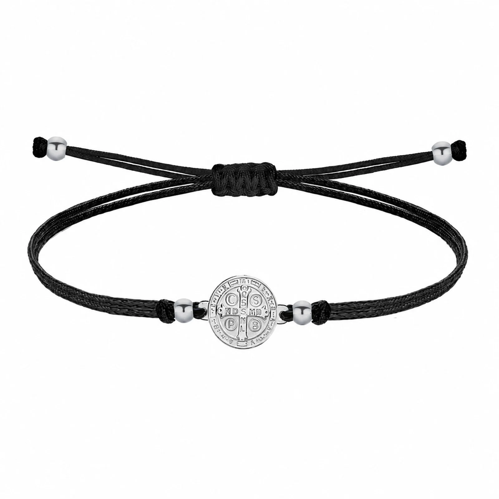 PULSERA HILO ENCERADO NEGRO-SANBENITO PLATEADO