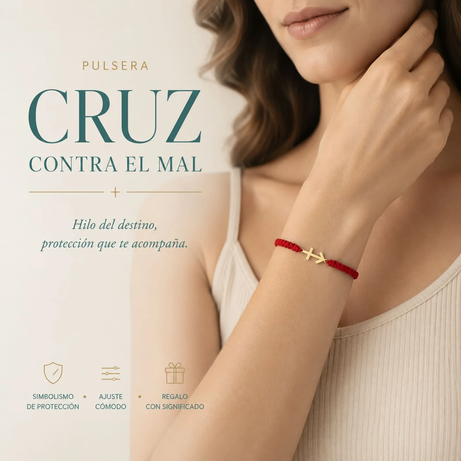 PULSERA HILO DESTINO  CON CRUZ CONTRA EL MAL ACERO DORADO